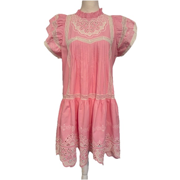 Love The Label Imani Lined Lace Embroidered Dress Anthropologie‎ Pink Sz Med EUC - Picture 1 of 11